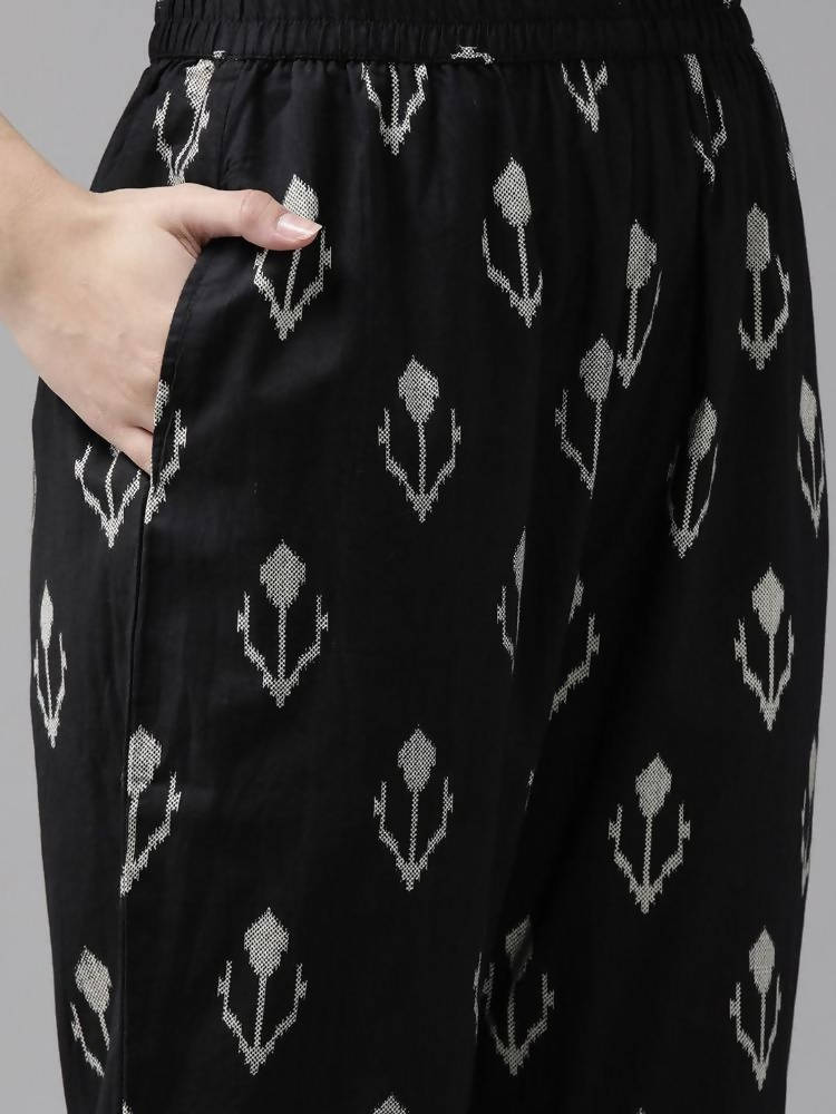 Yufta Black & Off-White Ethnic Screen Print Cotton Straight Kurta Palazzo & Dupatta | Grocsy