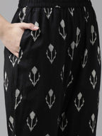 Yufta Black & Off-White Ethnic Screen Print Cotton Straight Kurta Palazzo & Dupatta | Grocsy
