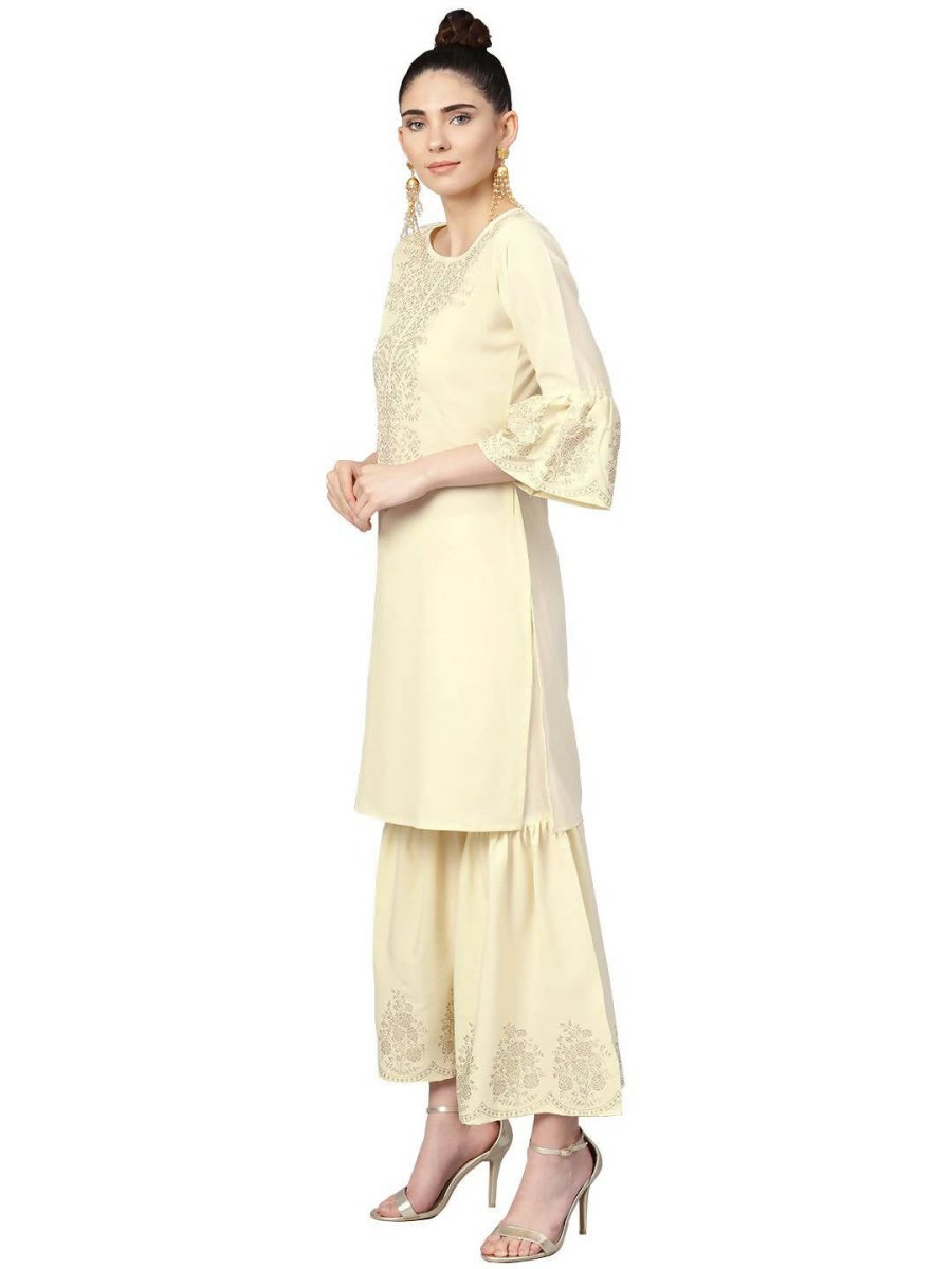 Ahalyaa Cream Crepe Glitter Print Kurta Sharara Set With Dupatta | Grocsy