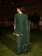 Juniper Women's The Swarn Jade Green Ethnic Motif Printed Georgette Kurta Pant And Dupatta With Sequins & Zari Work | Grocsy