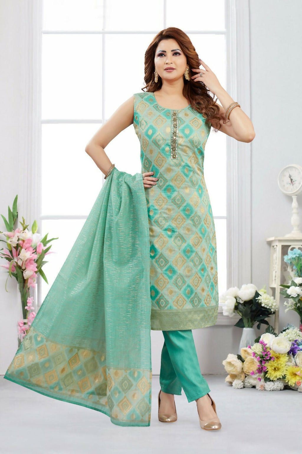 Joban Fashion Jacquard Firozi Color Kurta Set | Grocsy