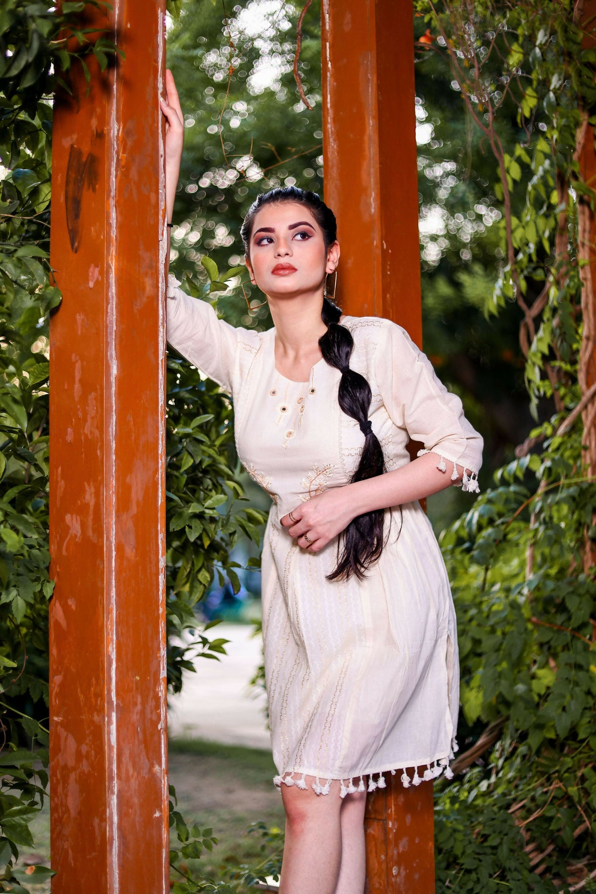 Aayaa Designer Multi Thread Hand Work Khadi Cotton One Piece Dress - Off White | Grocsy