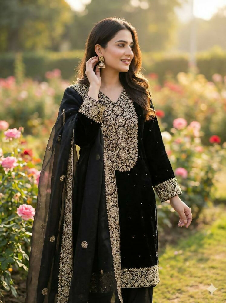 Teeya Creation Black Color Fendy Silk Embroidery Work Wedding Wear Salwar Suit | Grocsy