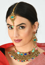 Mominos Fashion Johar Kamal Gold-Polished Rajwadi Design Heavy Multi Color Necklace Set For Women
