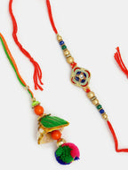 NVR Women & Men Set of 2 Multicolor Beaded Bhaiya Bhabhi Rakhi With Roli Chawal & Chocolate | Grocsy