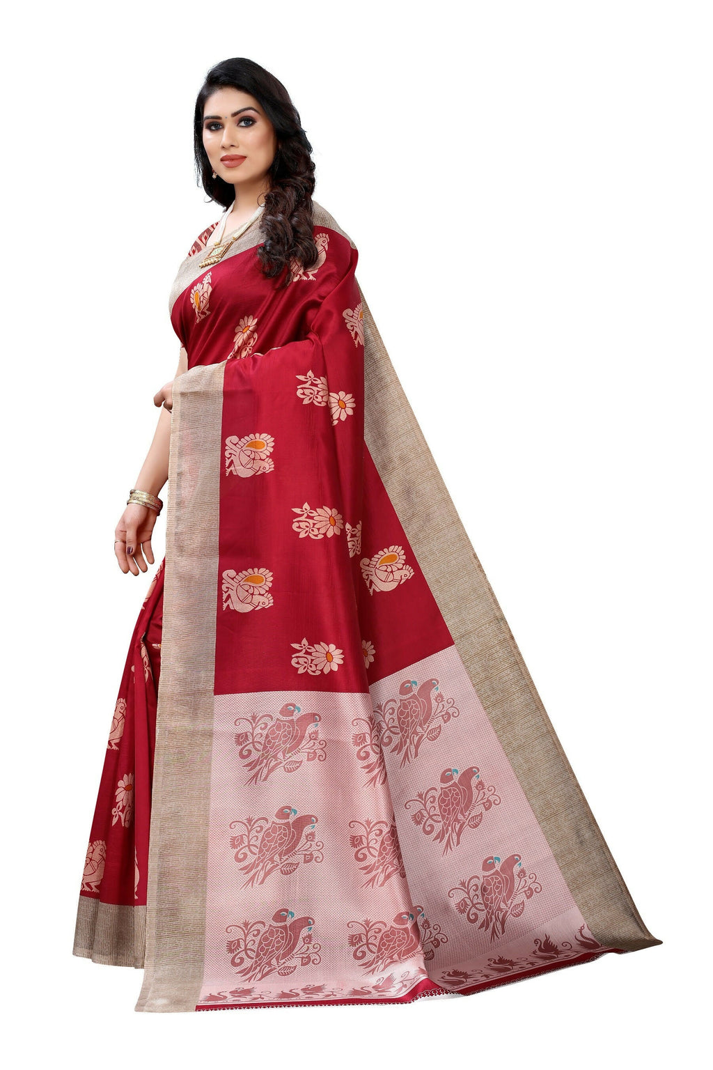 Vamika Red Printed Art Silk Saree | Grocsy