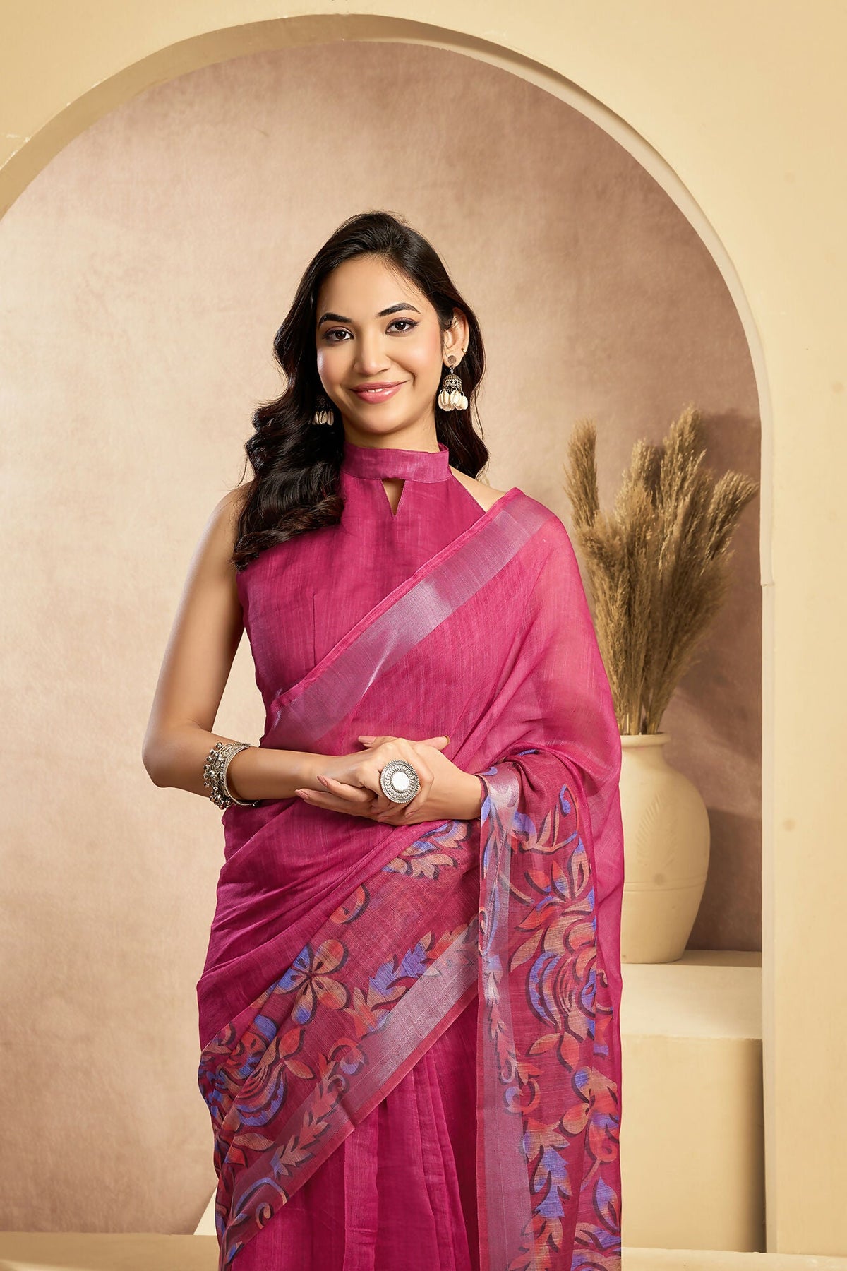 Vastranavya Pink Digital Printed Linen Ready To Wear Designer Saree with Unstitched Blouse | Grocsy