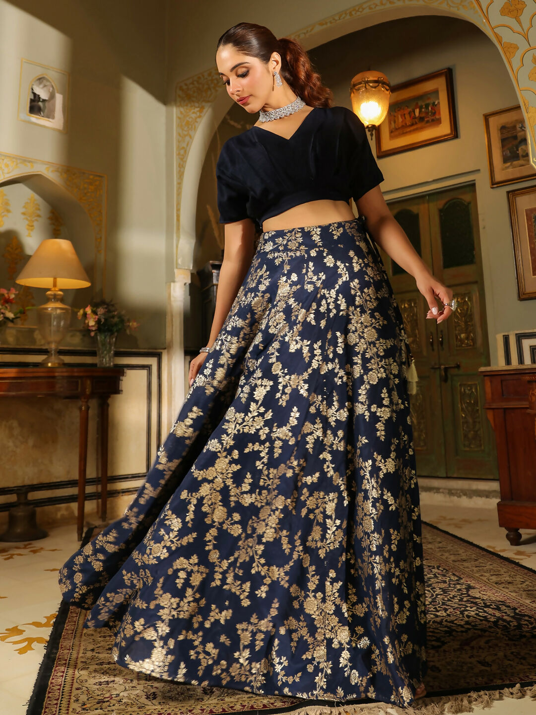 Janasya Navy Blue Silk Blend Solid Lehenga Choli | Grocsy