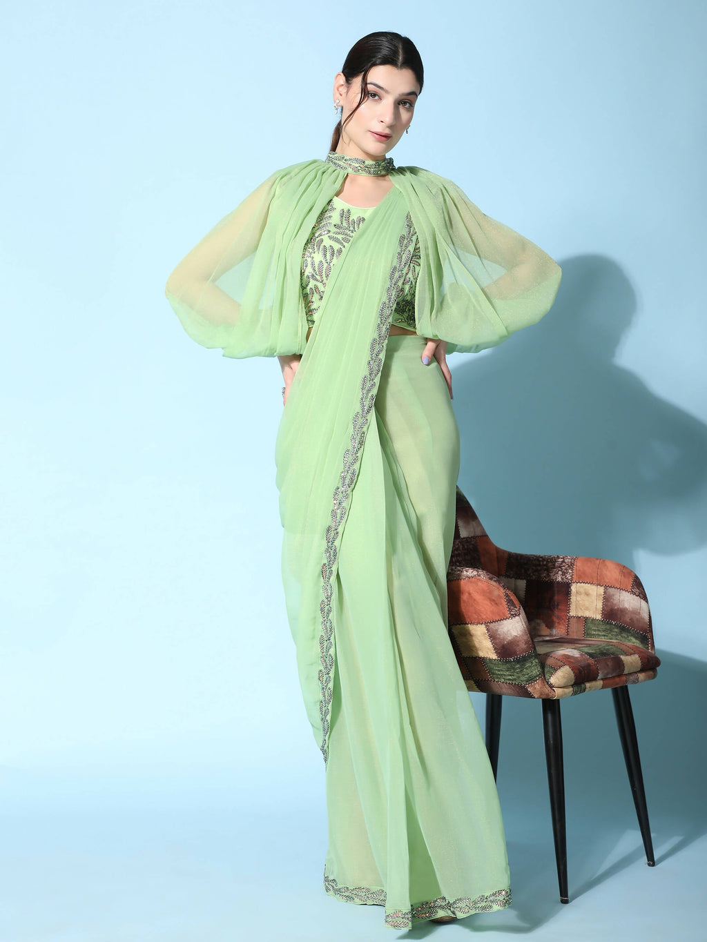 Green Fancy Pure Fabric Plain Ready to wear Saree with stitched Blouse - Vrinda | Grocsy
