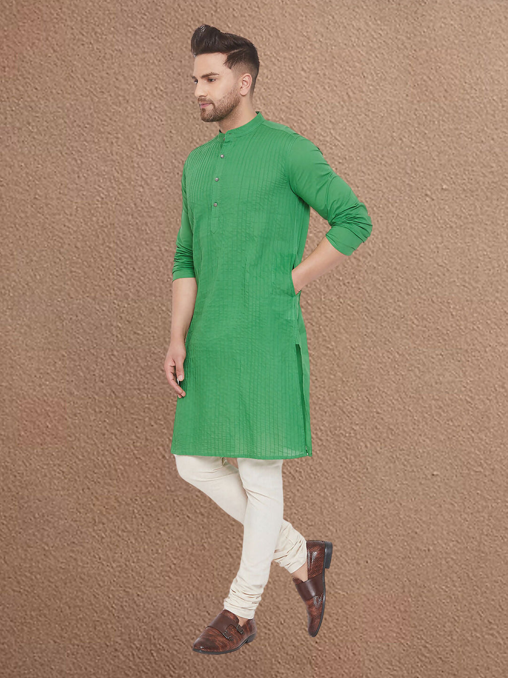 Even Apparels Men's Pintuck Fancy Green Kurta | Grocsy
