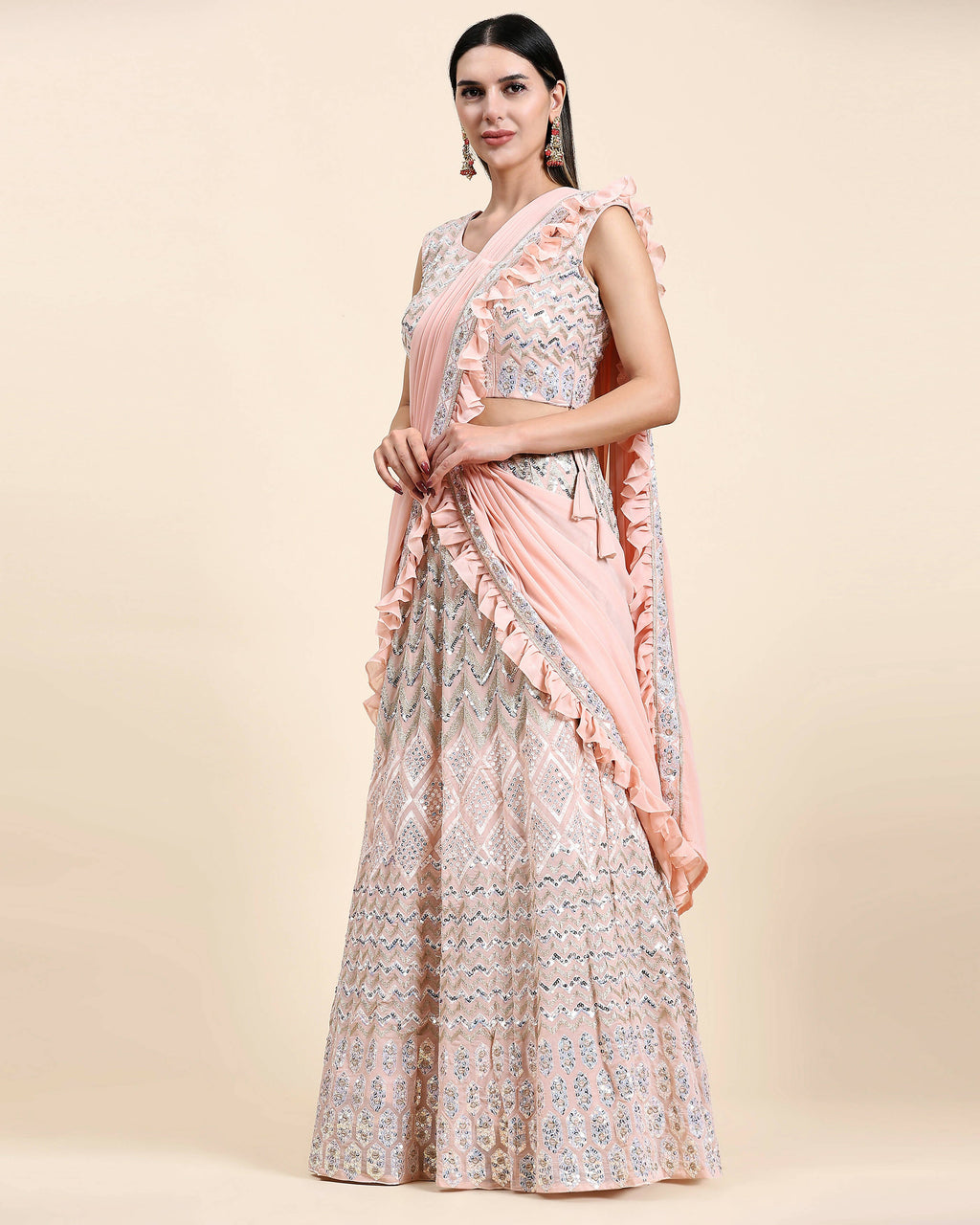 Peach Pure Viscose Georgette Thread With Sequins Embroidery Work Lehenga Choli With Dupatta - Tanya | Grocsy