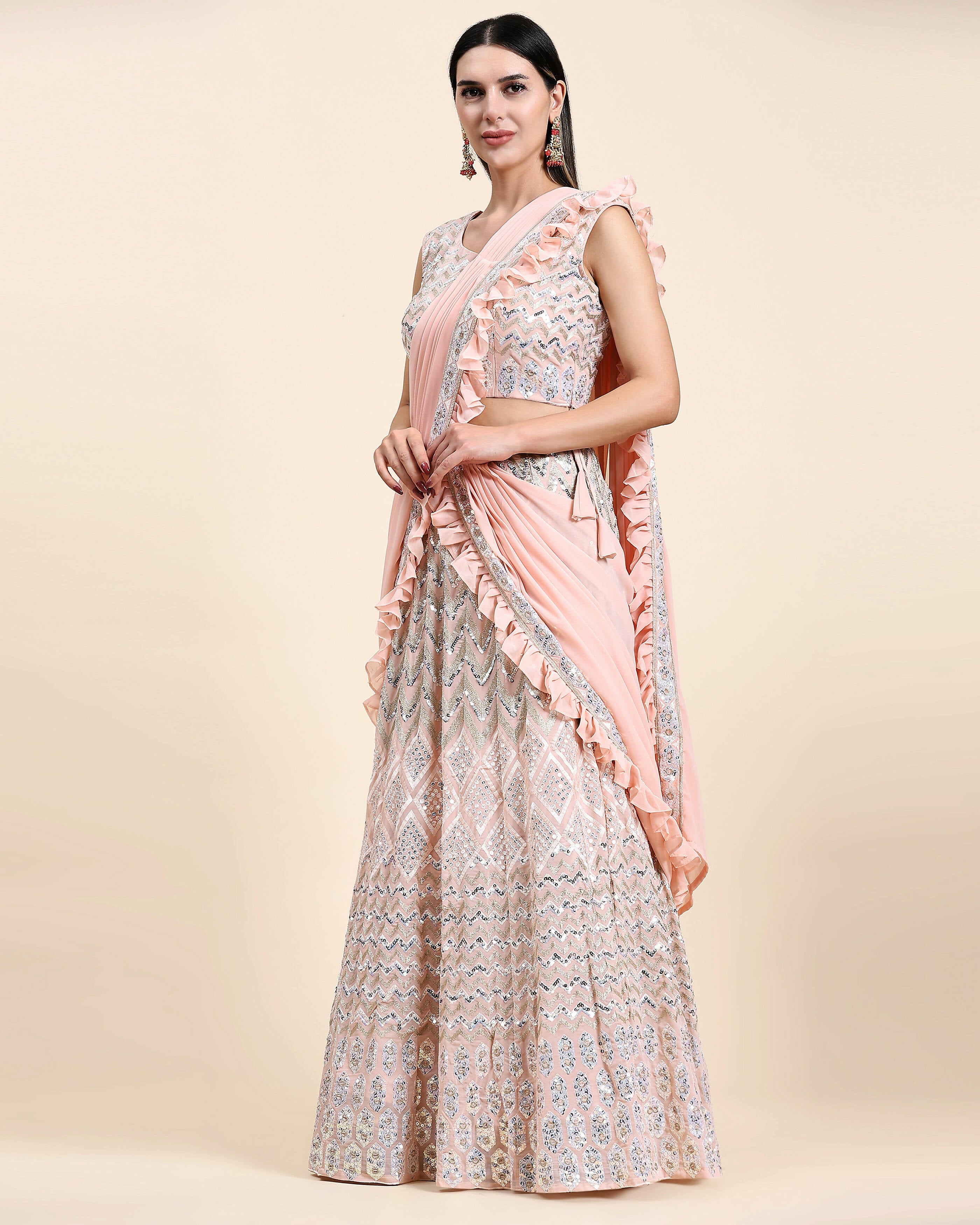 Peach Pure Viscose Georgette Thread With Sequins Embroidery Work Lehenga Choli With Dupatta - Tanya | Grocsy