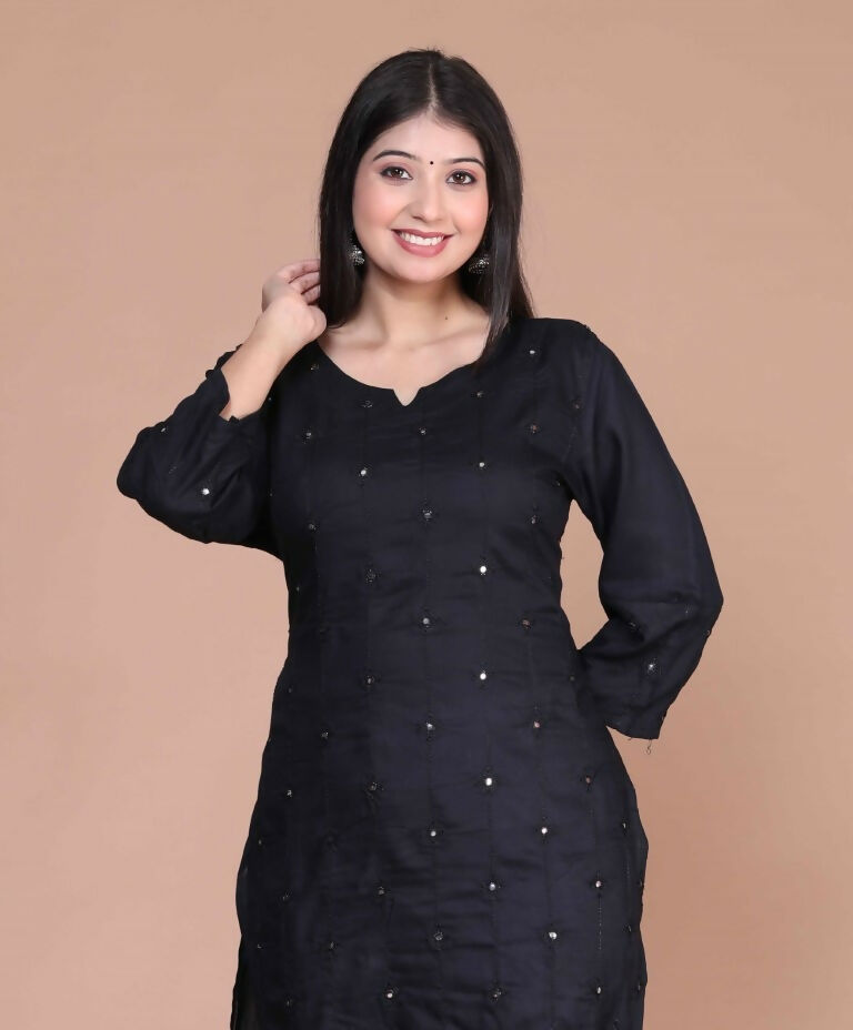 Miravan Women's Black Embroidered And Mirror Work Pakistani Straight Kurti | Grocsy
