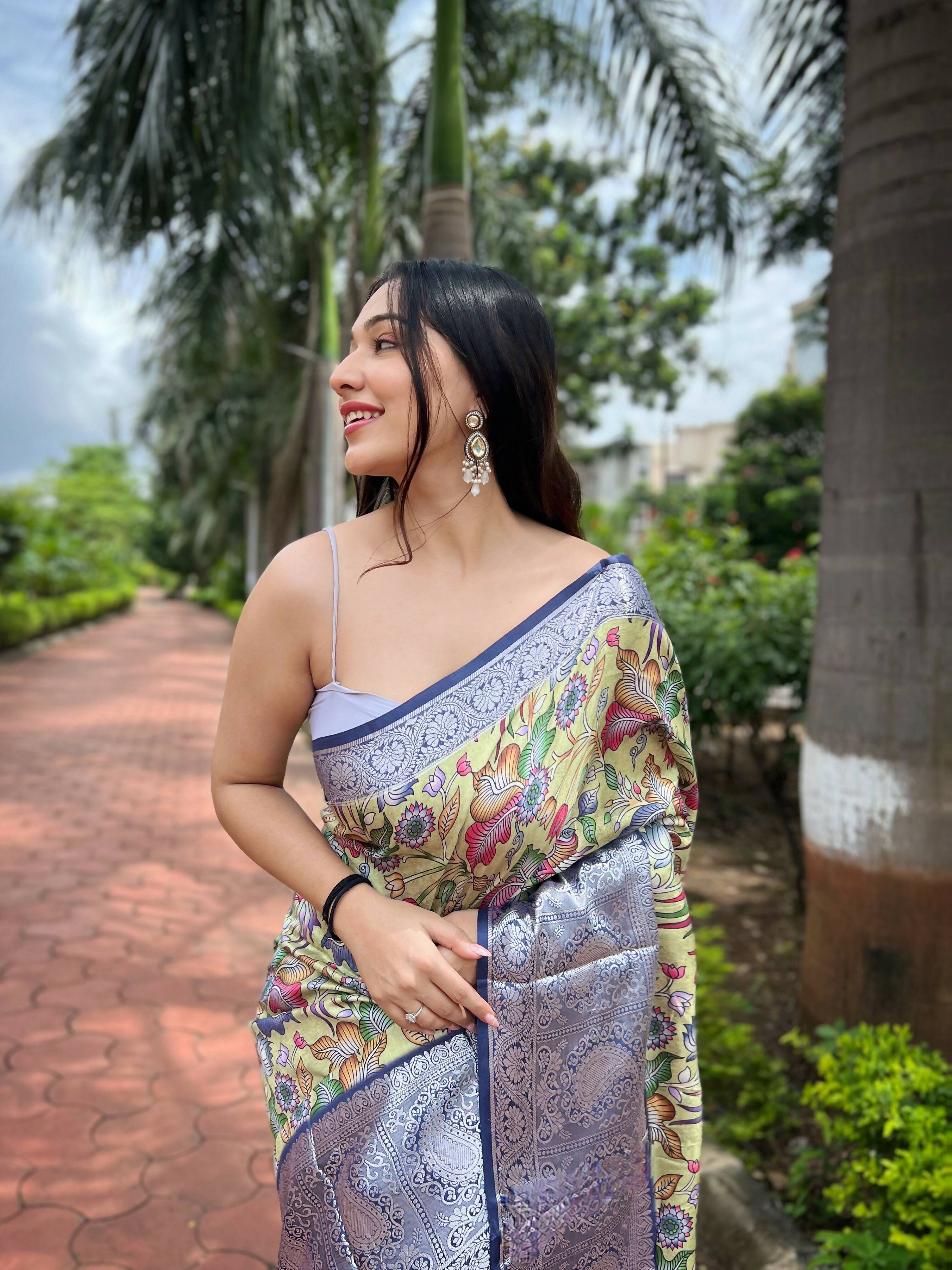 Vamsee Srivali Srivali -Navy Blue Pure Soft Tussar Dola Satin Silk Saree | Grocsy