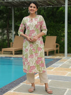 Aramya Straight Linen Cotton Floral Print Women's Kurta - Off White | Grocsy