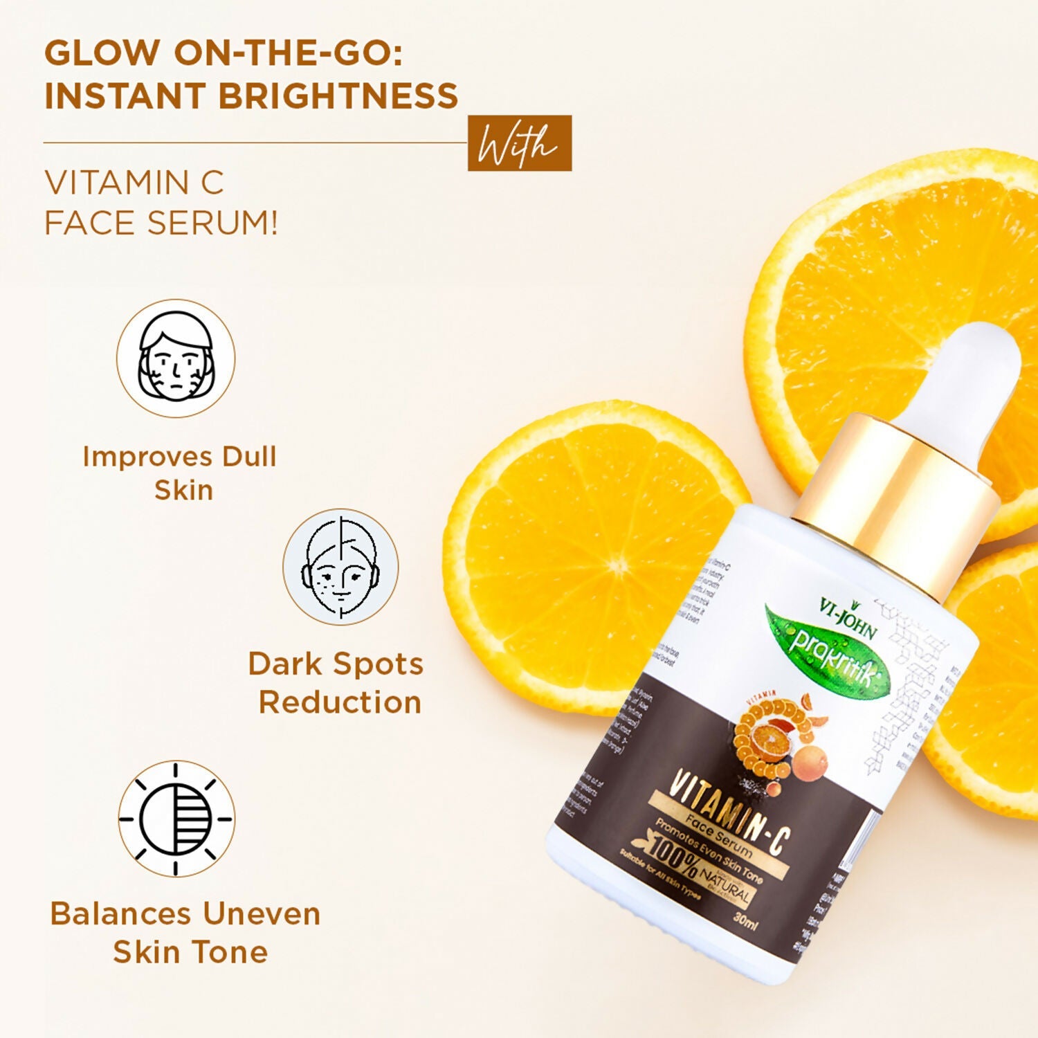 VI-JOHN Prakritik Vitamin C Face Serum Brightening, Anti-Aging & Glowing Skin, 100% Bio-Actives | Grocsy