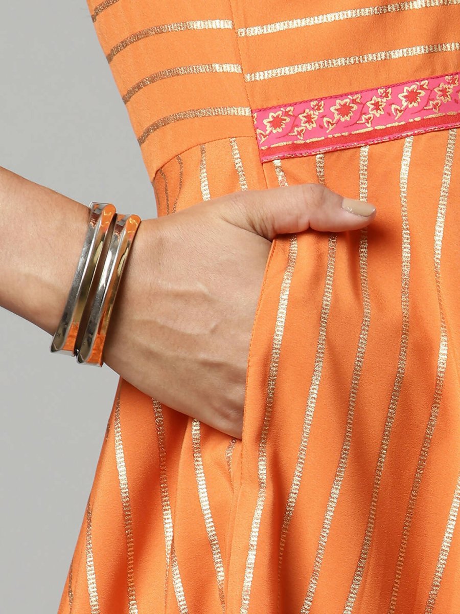 Ahalyaa Women's Orange Crepe Gold Print Dress | Grocsy