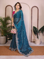 Teeya Creation New Womens Latest Party Wear Soft Chiffon Silk Saree-Blue | Grocsy