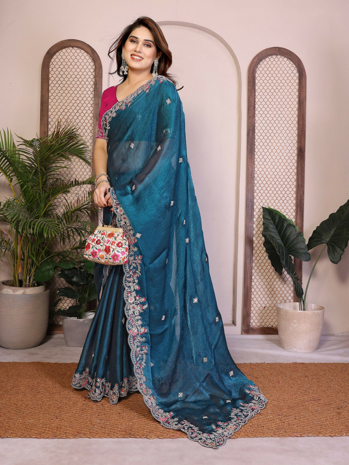 Teeya Creation New Womens Latest Party Wear Soft Chiffon Silk Saree-Blue | Grocsy