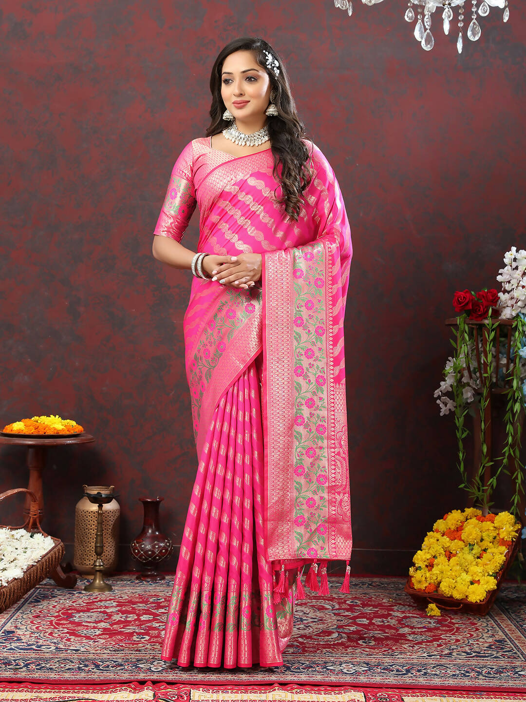 Lorenvalley Fashion Pink Soft Silk Woven Design with Zari Weaving Leheriya Design Saree | Grocsy