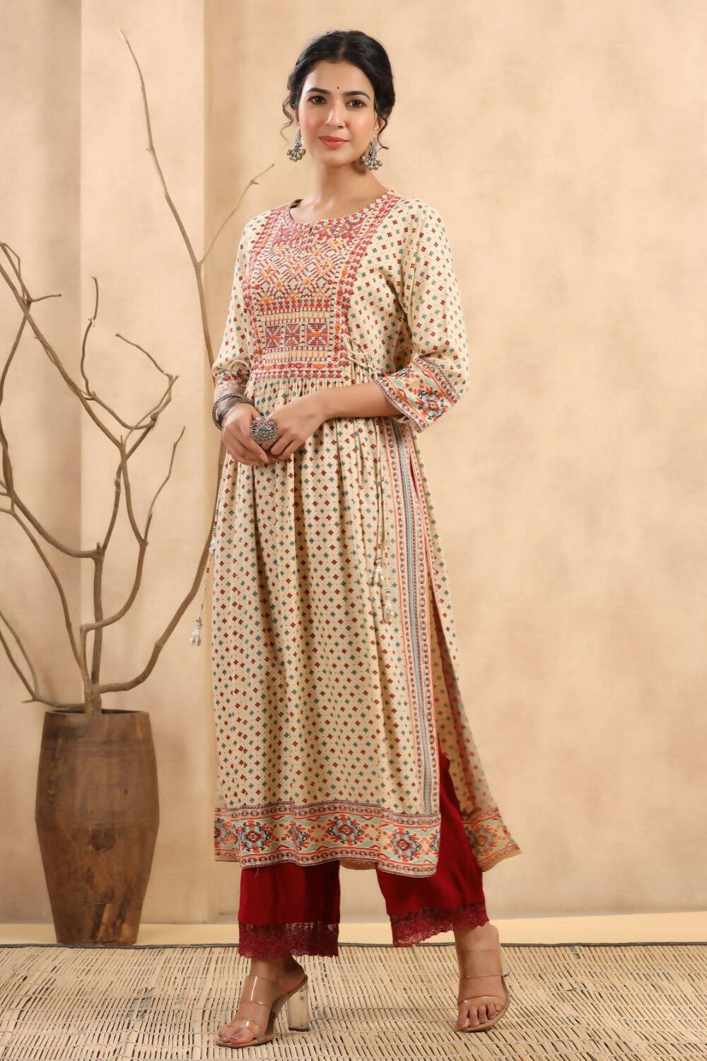 Juniper Women's Beige Rayon Printed Embroidered Straight Kurta | Grocsy