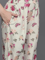 Ahalyaa Women Floral Printed Tunic with Palazzos - Beige Color | Grocsy