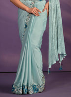 Sea Green Crepe Satin Silk Embroidered Saree With Stitched Blouse - Mohmanthan Exotica | Grocsy