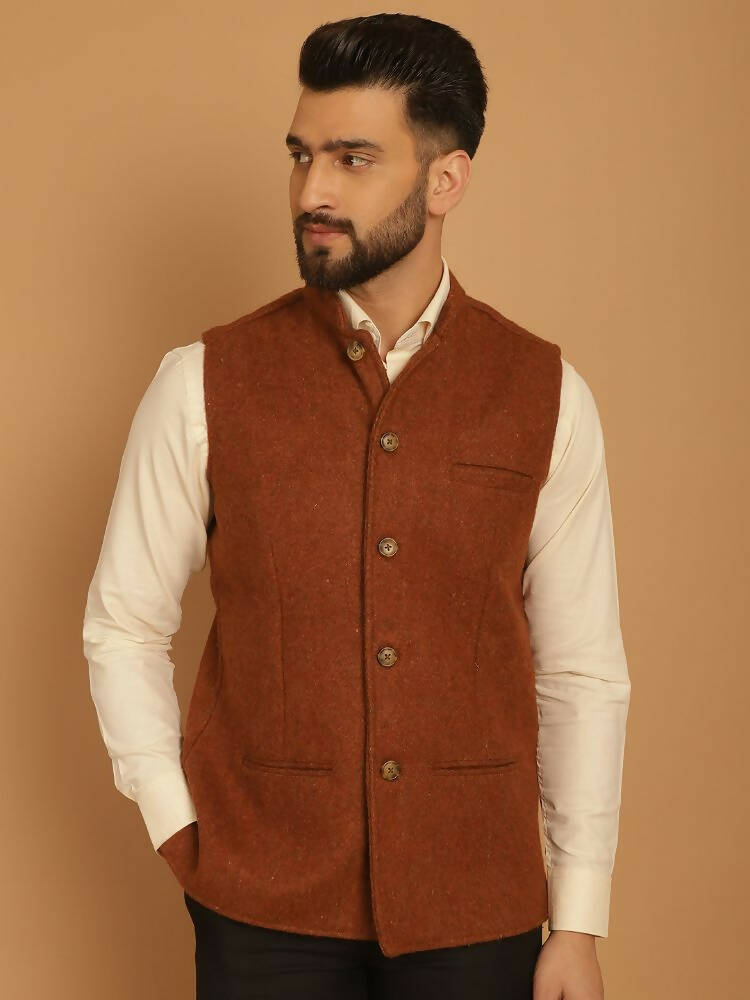 Even Apparels Pure Wool Nehru Jacket - Brown | Grocsy