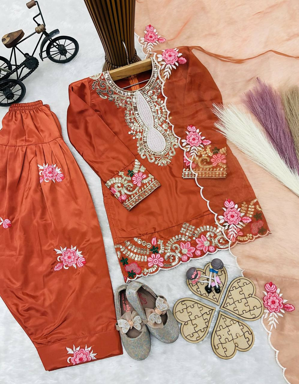 Teeya Creation New Kids Trendy Wedding Wear Traditional Kurta Salwar Set-Orange | Grocsy