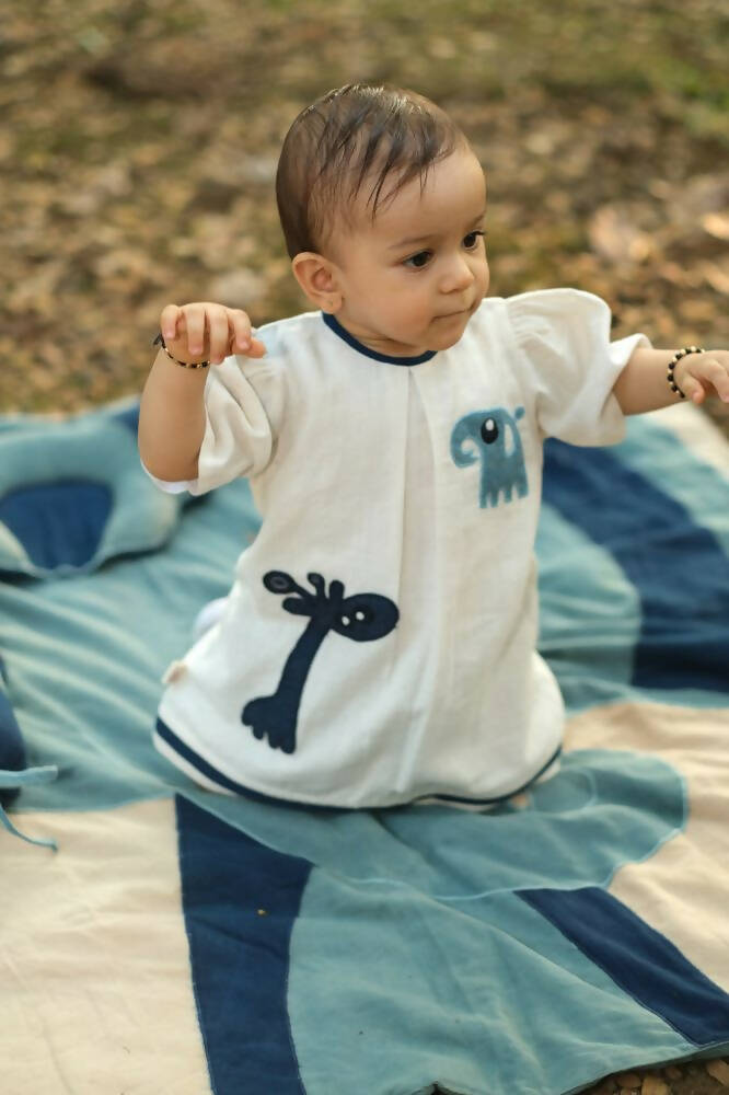 Mhyssa Emma White and Blue Puff Sleeve Frock | Grocsy