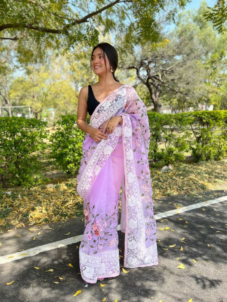 Vamsee Foolwarii Lavender Organza Saree | Grocsy