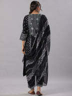 Juniper Women Black Rayon Staple Kalamkari Printed Kurta, Pants and Dupatta Set | Grocsy