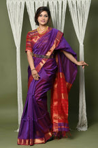 Very Much Indian Handloom Cotton Silk Maheshwari Saree With Sleek Golden Border - Purple | Grocsy