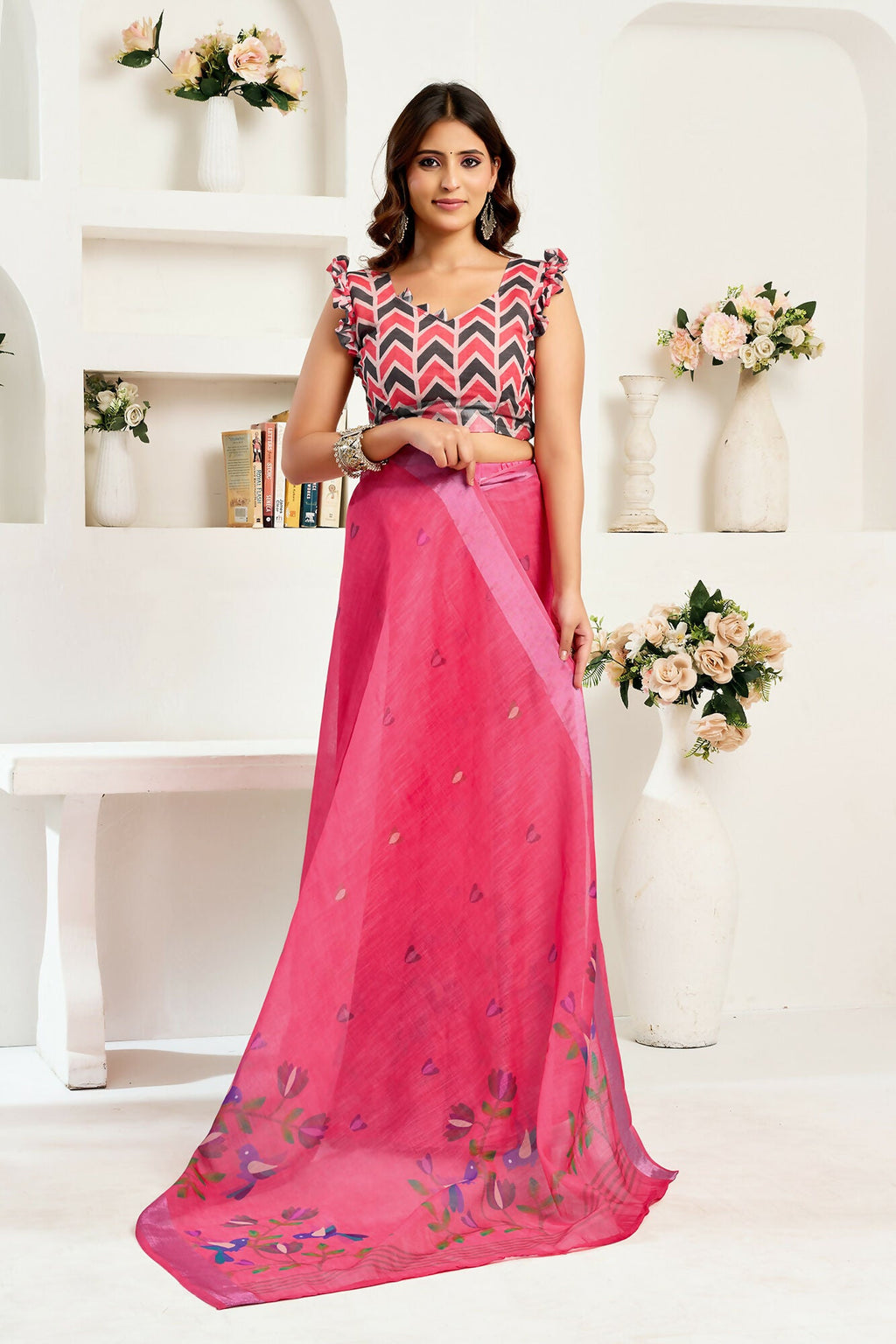 Vastranavya Pink Digital Printed Linen Ready To Wear Designer Saree with Unstitched Blouse | Grocsy