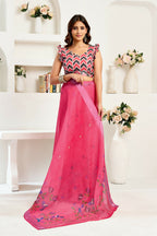 Vastranavya Pink Digital Printed Linen Ready To Wear Designer Saree with Unstitched Blouse | Grocsy