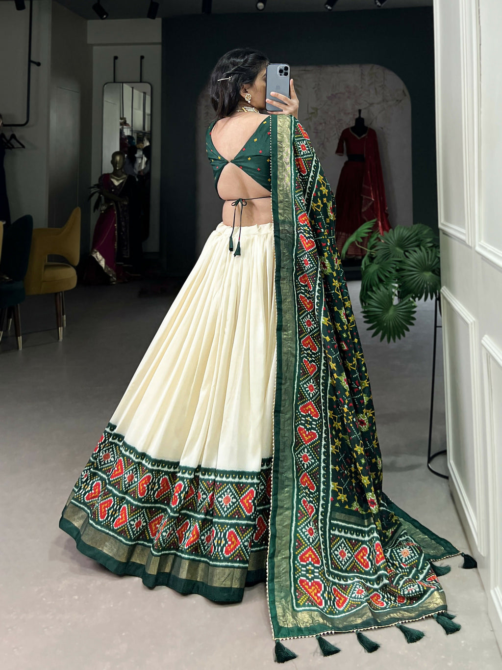 Lorenvalley Offwhite and Green Tussar Silk Patola Print Lehenga Choli | Grocsy