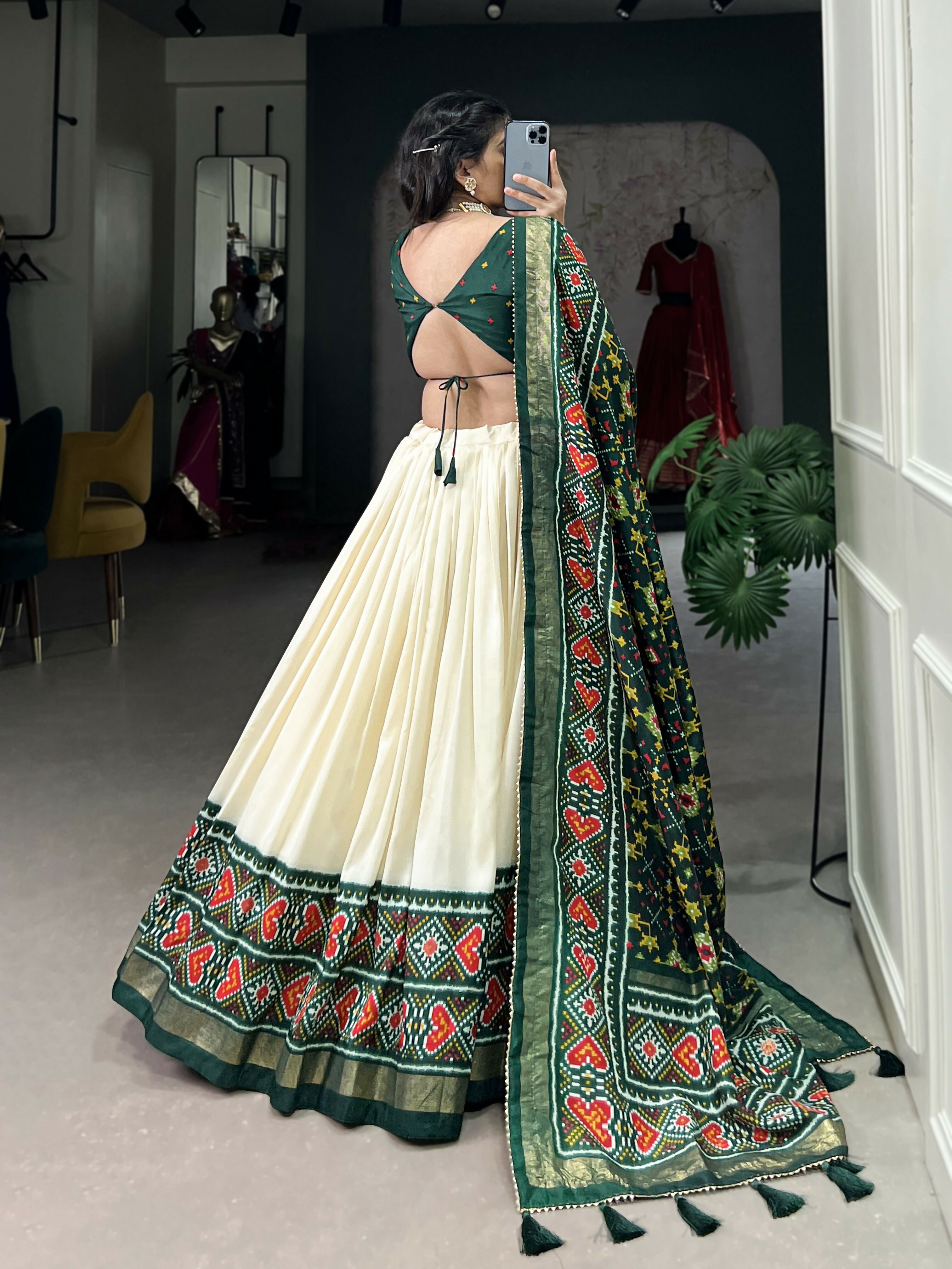 Lorenvalley Offwhite and Green Tussar Silk Patola Print Lehenga Choli | Grocsy