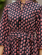 Kaajh Women's Black Bagru Print Floral Cotton Dress | Grocsy