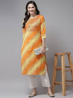Yufta Women Yellow & White Bandhani Printed Kurta with Trouser | Grocsy