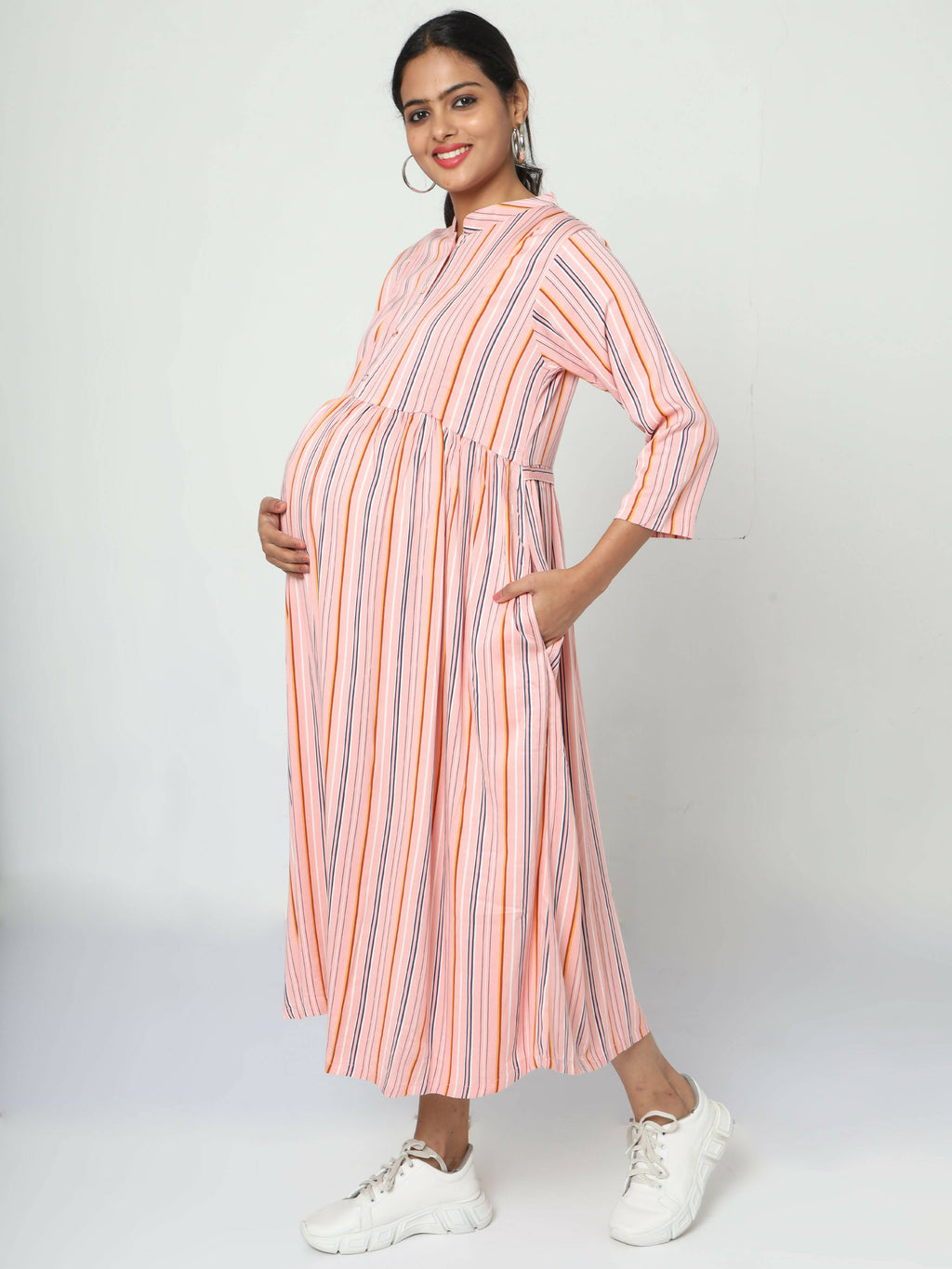 Manet Three Fourth Maternity Dress Strip Print With Concealed Zipper Nursing Access - Pink | Grocsy