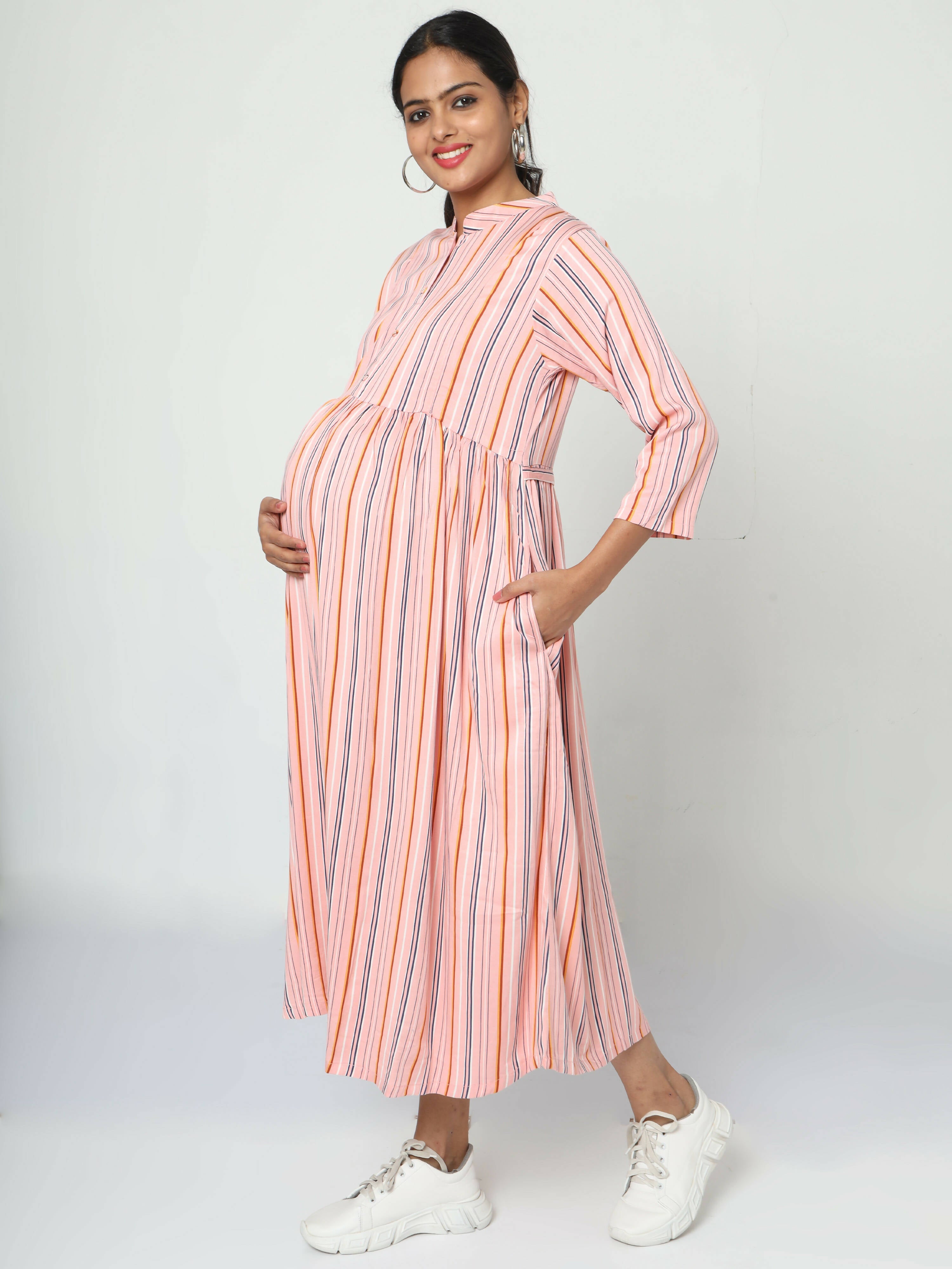 Manet Three Fourth Maternity Dress Strip Print With Concealed Zipper Nursing Access - Pink | Grocsy