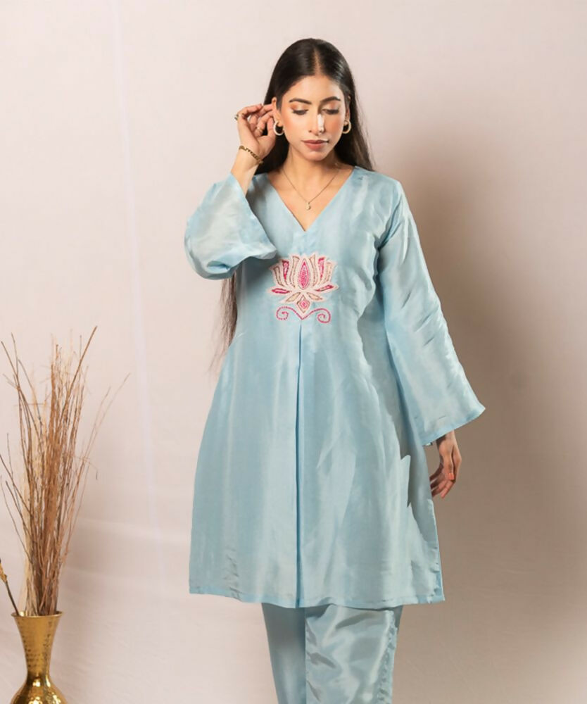 Timaraa Azure Lotus – Handcrafted Upada Silk Co-Ord Set | Grocsy