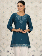 Teal Chinon Embroidered Straight Top - Zeny | Grocsy