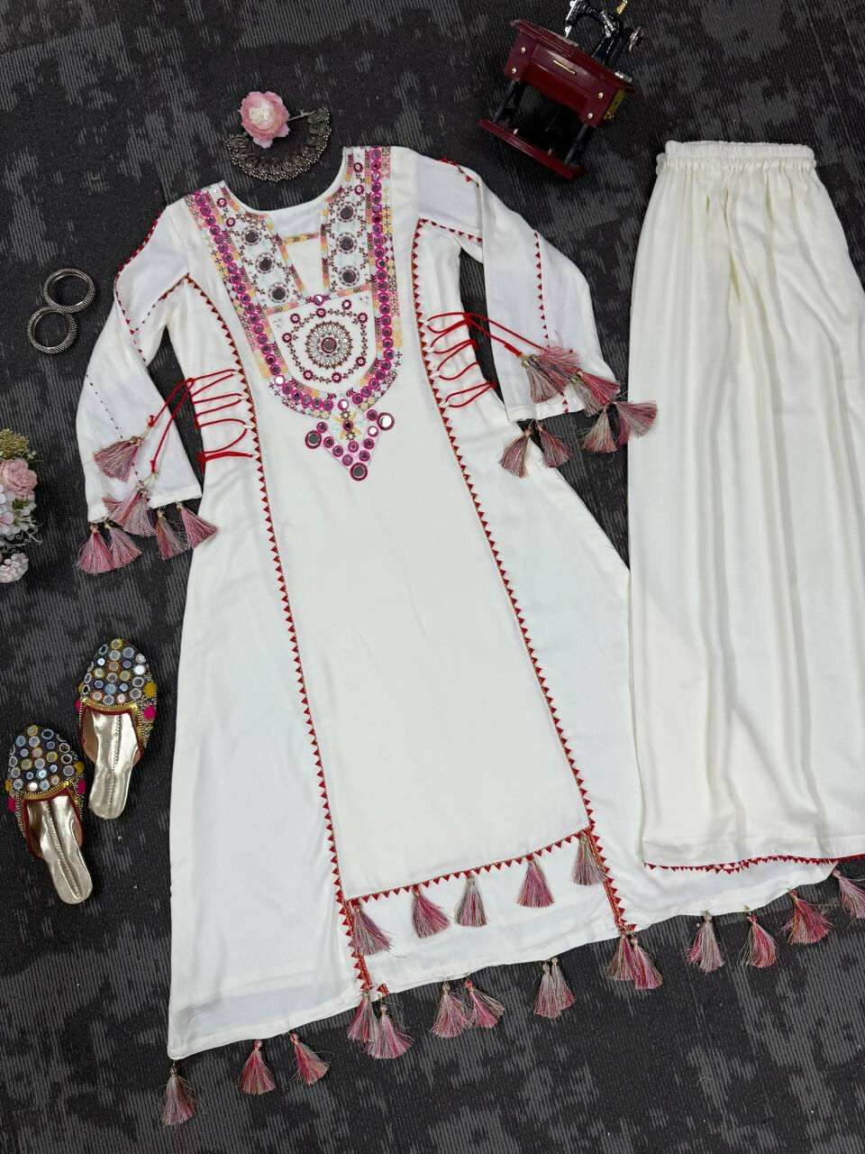 The52 Women's Gorgeous Rayon Fabric Thread Work Straight Kurta Palazzo Set | Grocsy