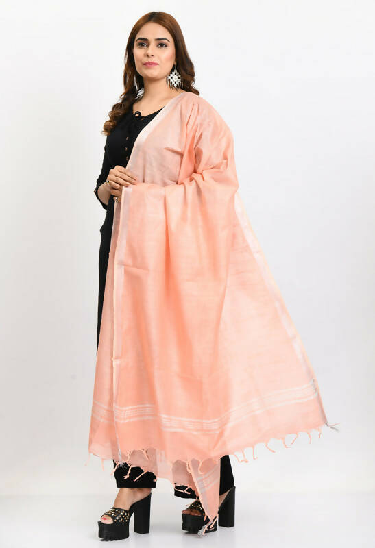 Mominos Fashion Moeza Women's Linen Cotton Silver Border Peach Dupatta | Grocsy