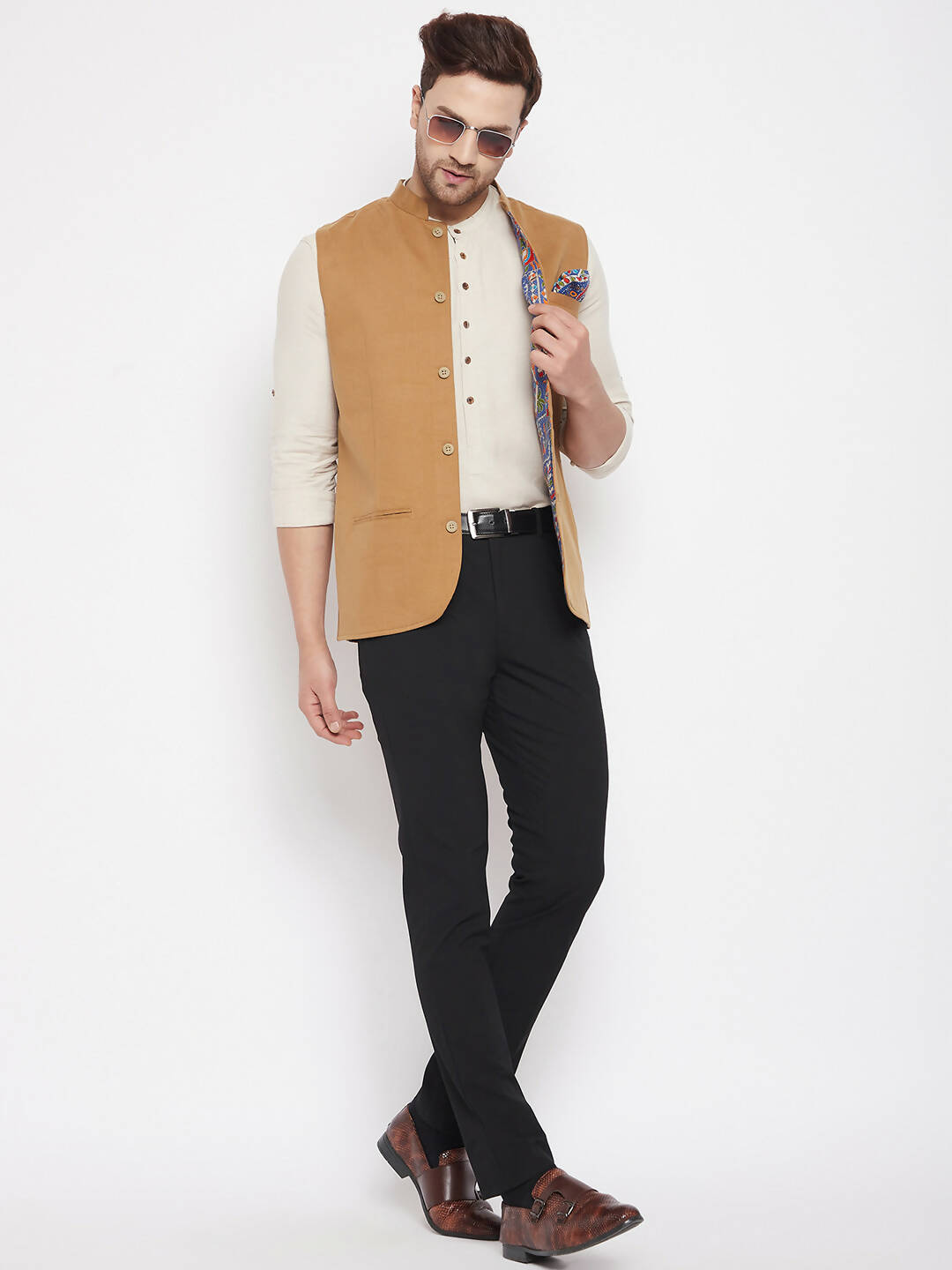 Even Apparels Brown Polyester Men's Nehru Jacket-Contrast Lining-Inbuilt Pocket Square | Grocsy