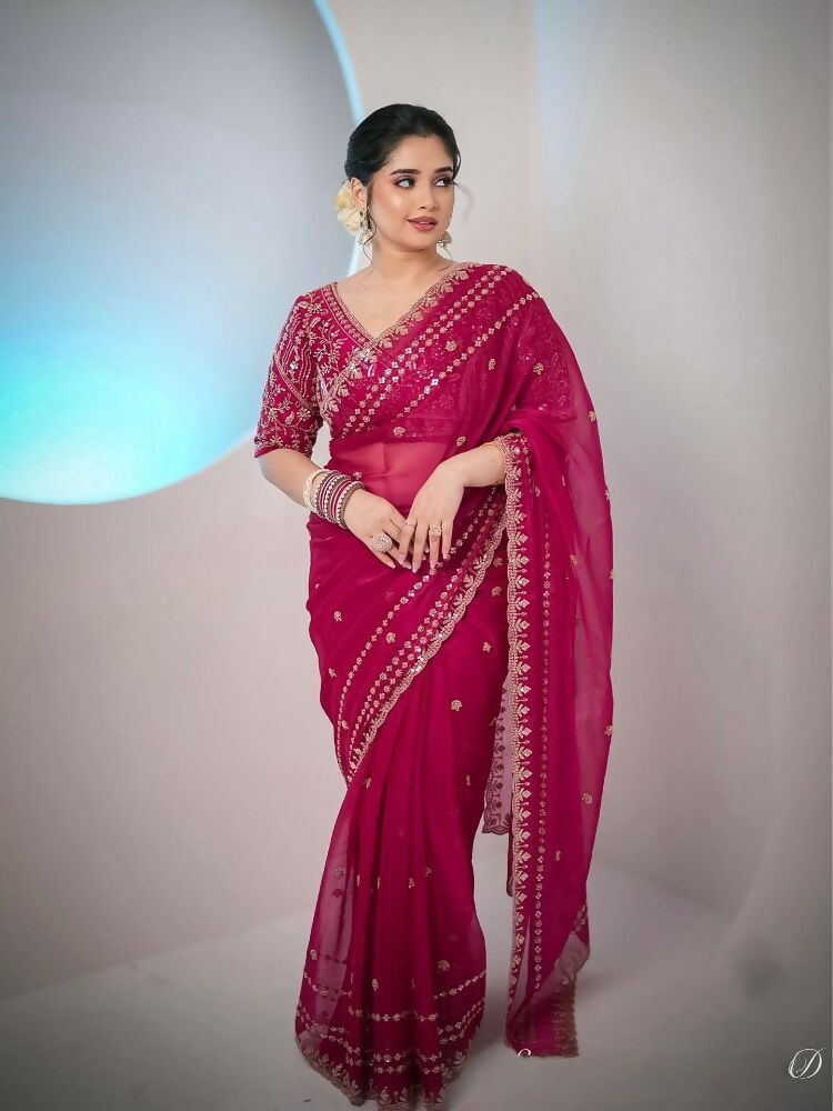 Joban Fashion Red Fandy Satin Silk Party Wear Sarees | Grocsy
