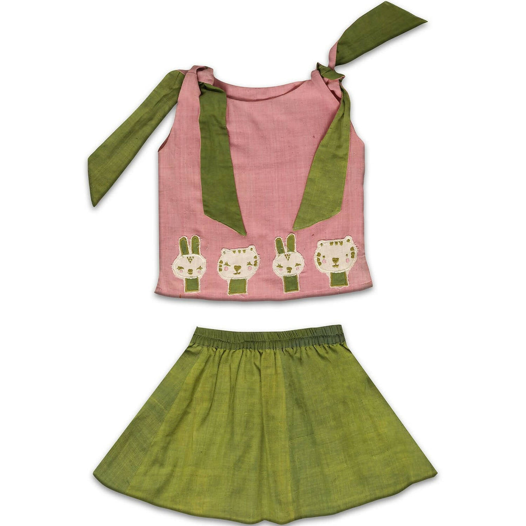 Mhyssa Pink Tie up Round Neck Patch Tee with Circular Skirt Set | Grocsy