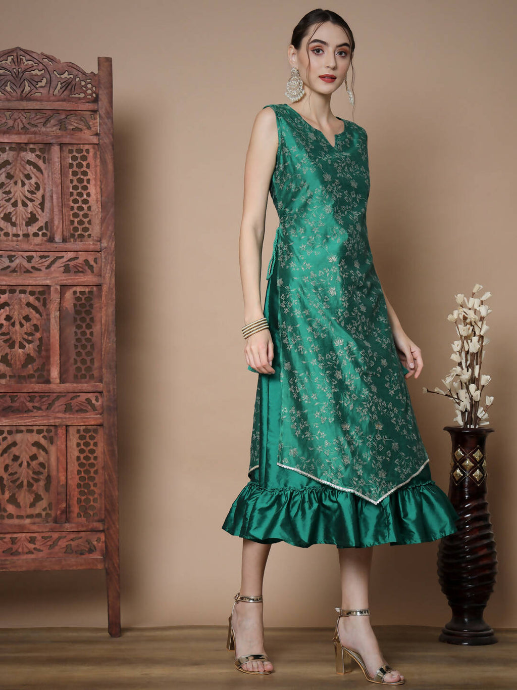 Myshka Women's Teal Floral Printed Gown Dress | Grocsy