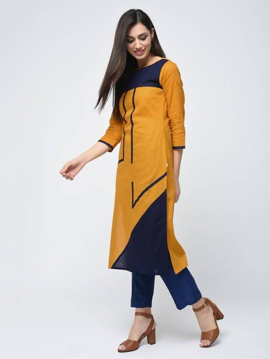 Aniyah Cotton Color Block Straight Kurta In Mustard Color (AN-102K) | Grocsy